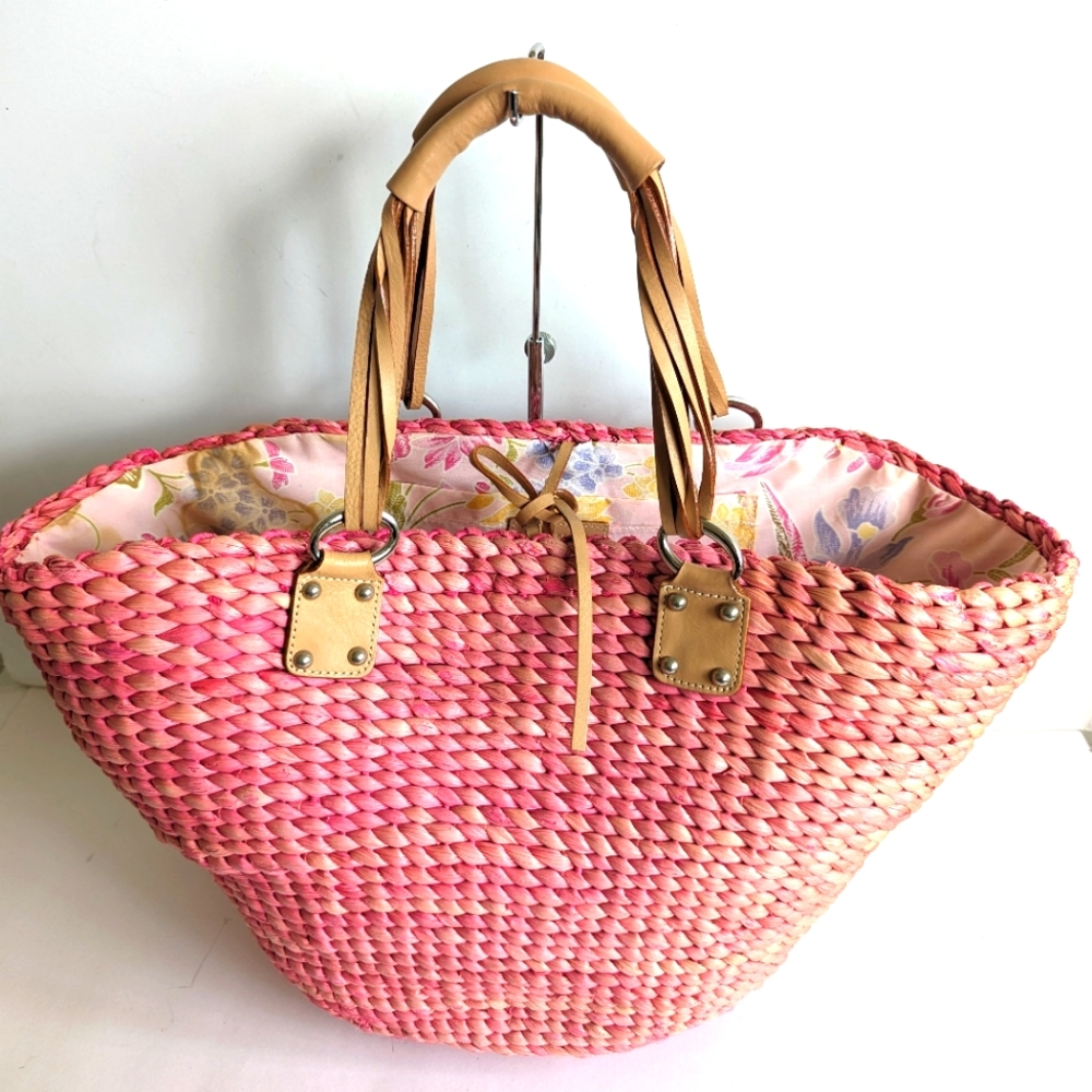 Banana Republic Pink Straw Tote Bag 🩷 17" Top Length & Tan Leather Handles